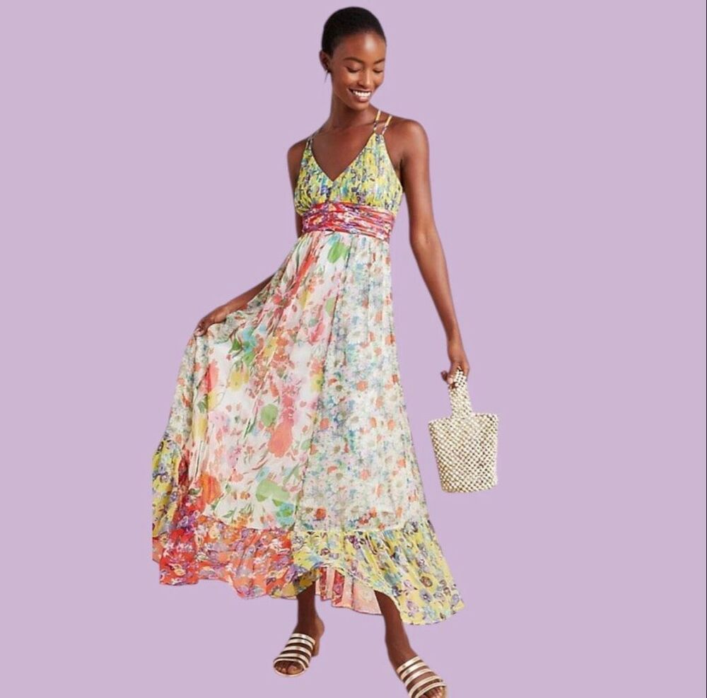Anthropologie Malibu Floral Patchwork Print Maxi Dress Size 10